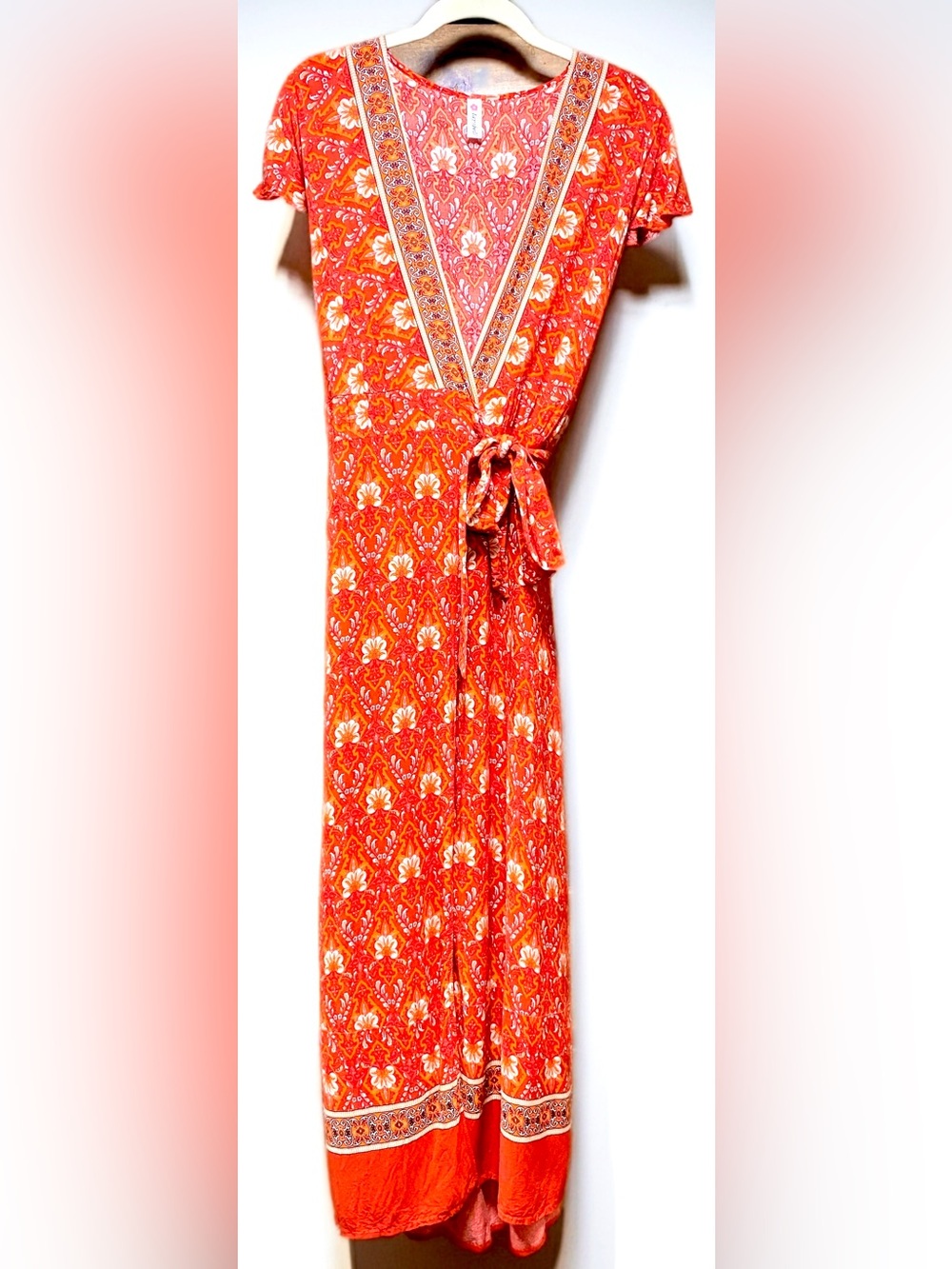 Red Floral V-Neck, Tie Wrap Dress, Short Flutter Sleeves,Name On Dress Laps Bell